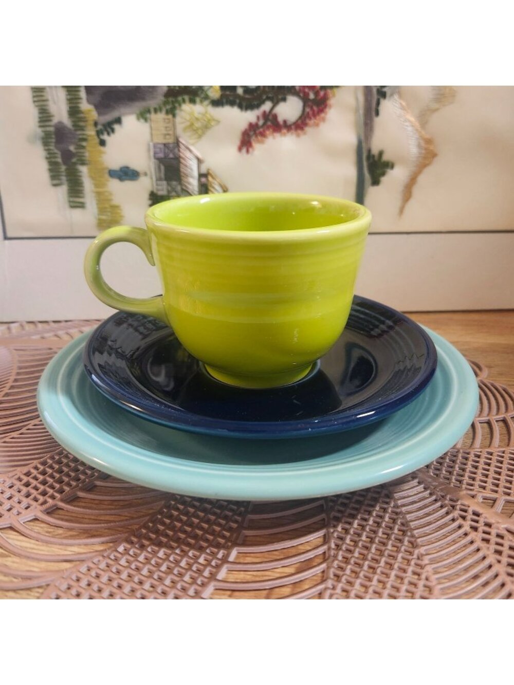 Fiestaware 3 Pc Mismatched Set Green, Lemongrass, Cobalt Blue